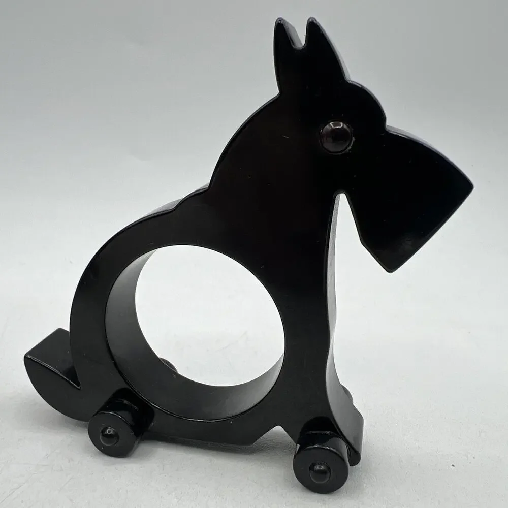 Set 4 Restoration Hardware Black Scottie Dog Napkin Ring Holders Red Eyes Wheels